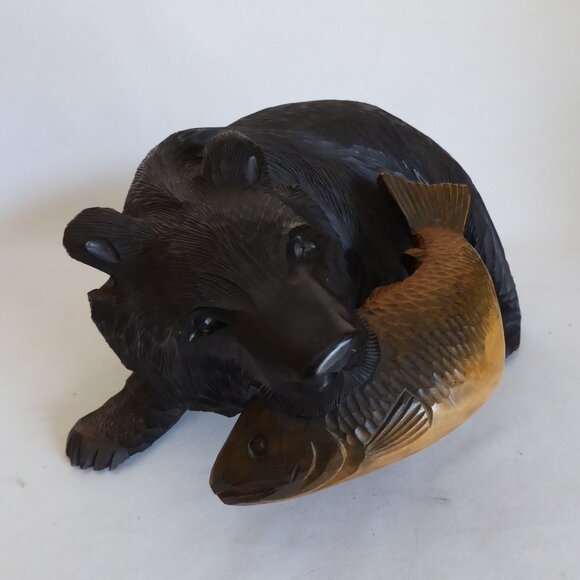 VINTAGE LARGE HOKKAIDO JAPAN JAPANESE AINU HAND CARVED WOOD BEAR WITH SALMON - Picture 3 of 14